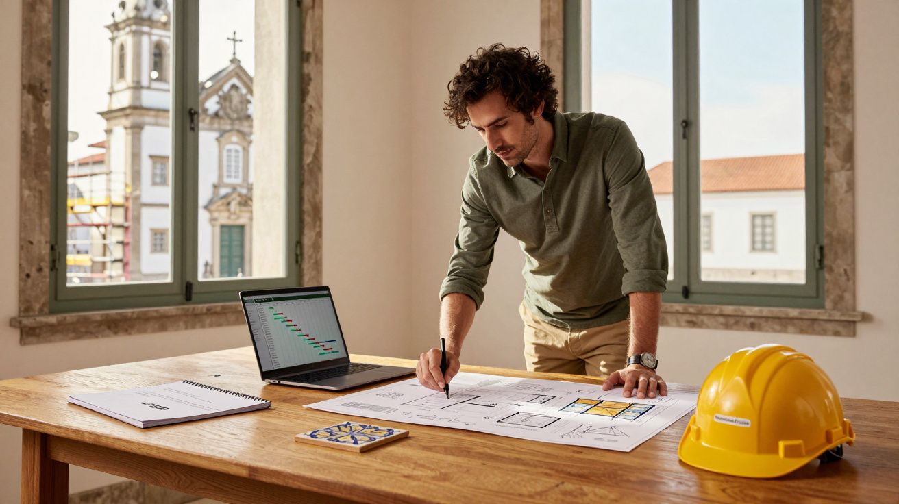 Mężczyzna analizujący plany architektoniczne w jasnym pomieszczeniu z laptopem i żółtym kaskiem na stole.