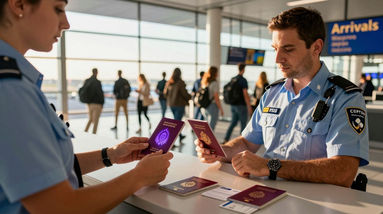 Funkcjonariusze ochrony sprawdzający paszporty podróżnych na lotnisku przy stanowisku odpraw.