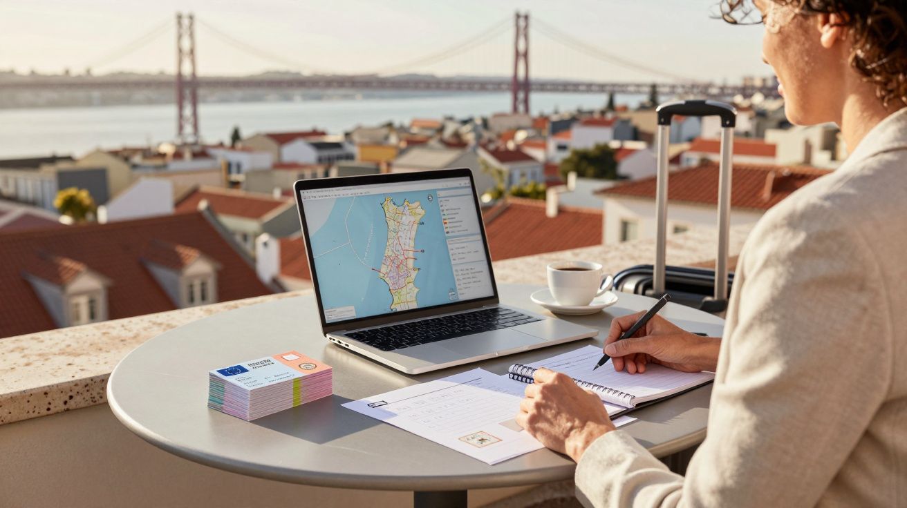 Osoba planująca podróż, pisząca notatki przy stole z laptopem i mapą na ekranie, widok na most i miasto.