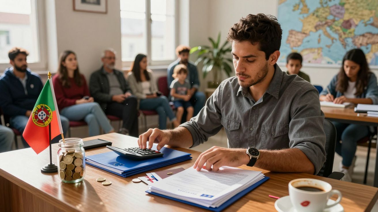 Mężczyzna liczy monety przy stole, obok słoik z monetami i flaga Portugalii, w tle grupa osób.