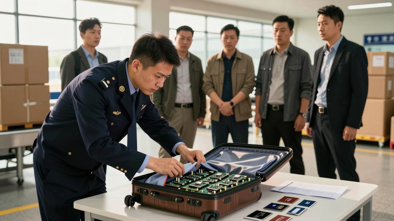 Funkcjonariusz kontroluje walizkę z urządzeniami elektronicznymi, wokół stoi grupa mężczyzn w biurze.