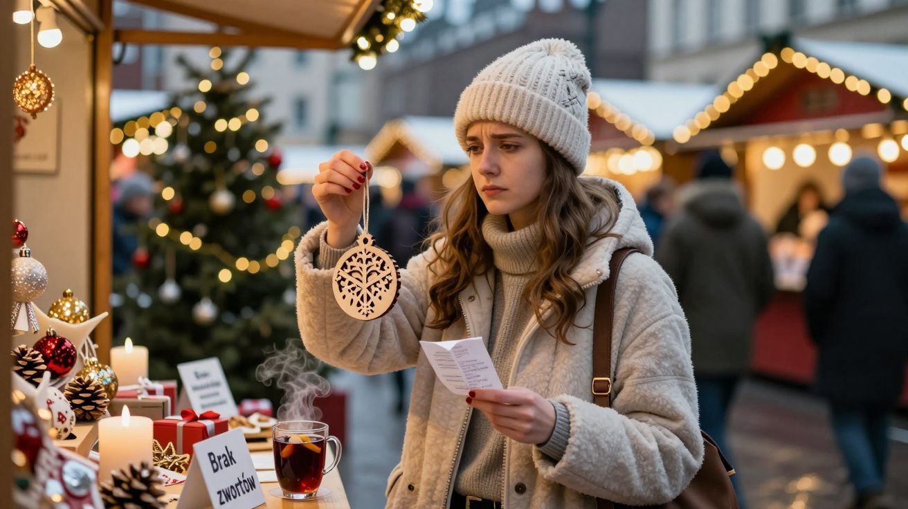 Młoda kobieta wybiera ozdobę choinkową na świątecznym jarmarku na tle światełek i stoisk.
