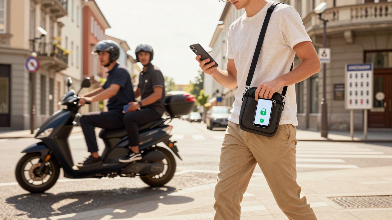 Mężczyzna idzie ulicą, trzyma telefon i aktówkę, w tle dwóch mężczyzn na skuterze w kaskach.