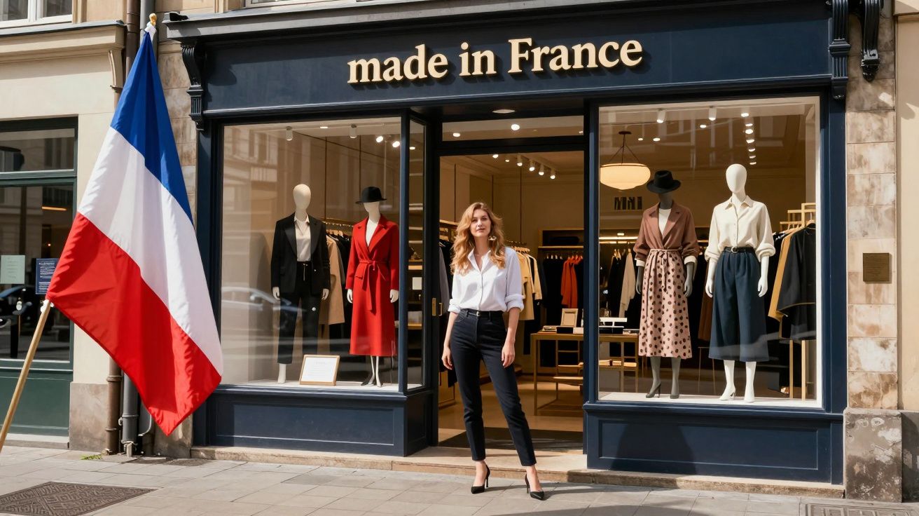 Kobieta stoi przed butikem z modą „made in France” i manekinami w eleganckich ubraniach, flaga Francji obok.