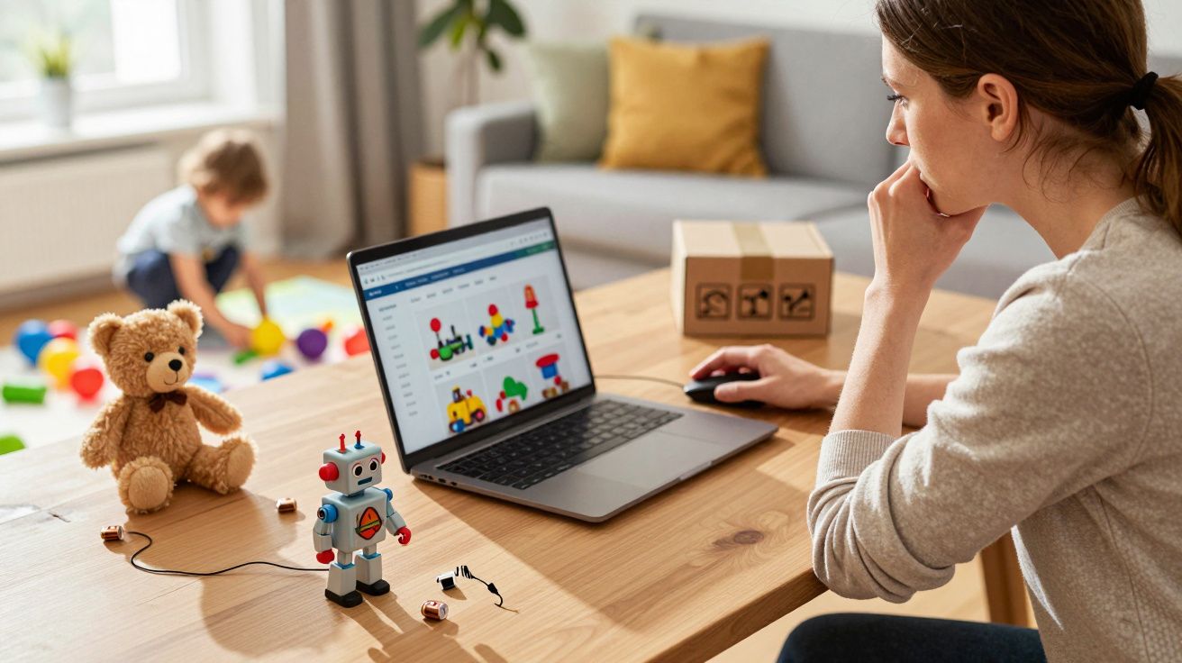 Kobieta przegląda zabawki na laptopie, na stole robot i miś, w tle dziecko bawiące się na dywanie.