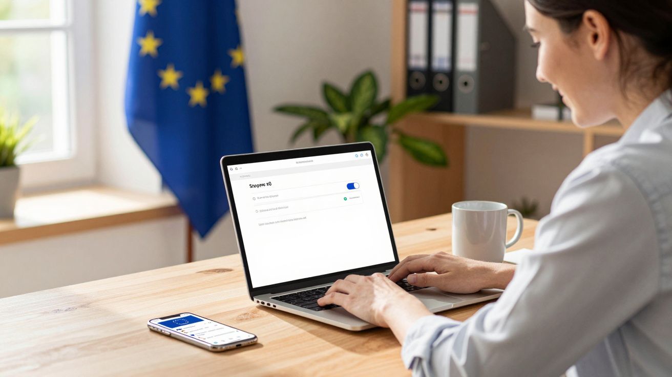 Kobieta pracująca na laptopie przy biurku z flagą UE w tle i telefonem na stole.