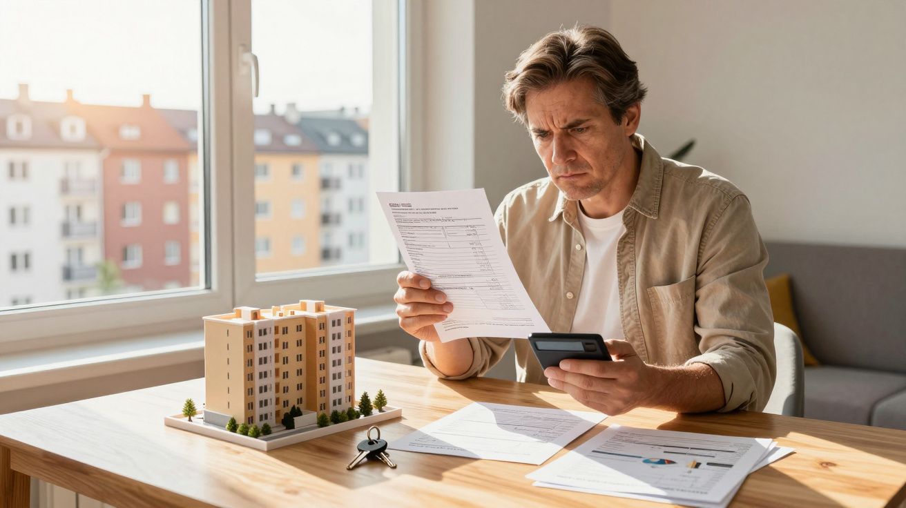 Mężczyzna analizujący dokumenty i korzystający z kalkulatora przy modelu budynku i kluczach na stole.