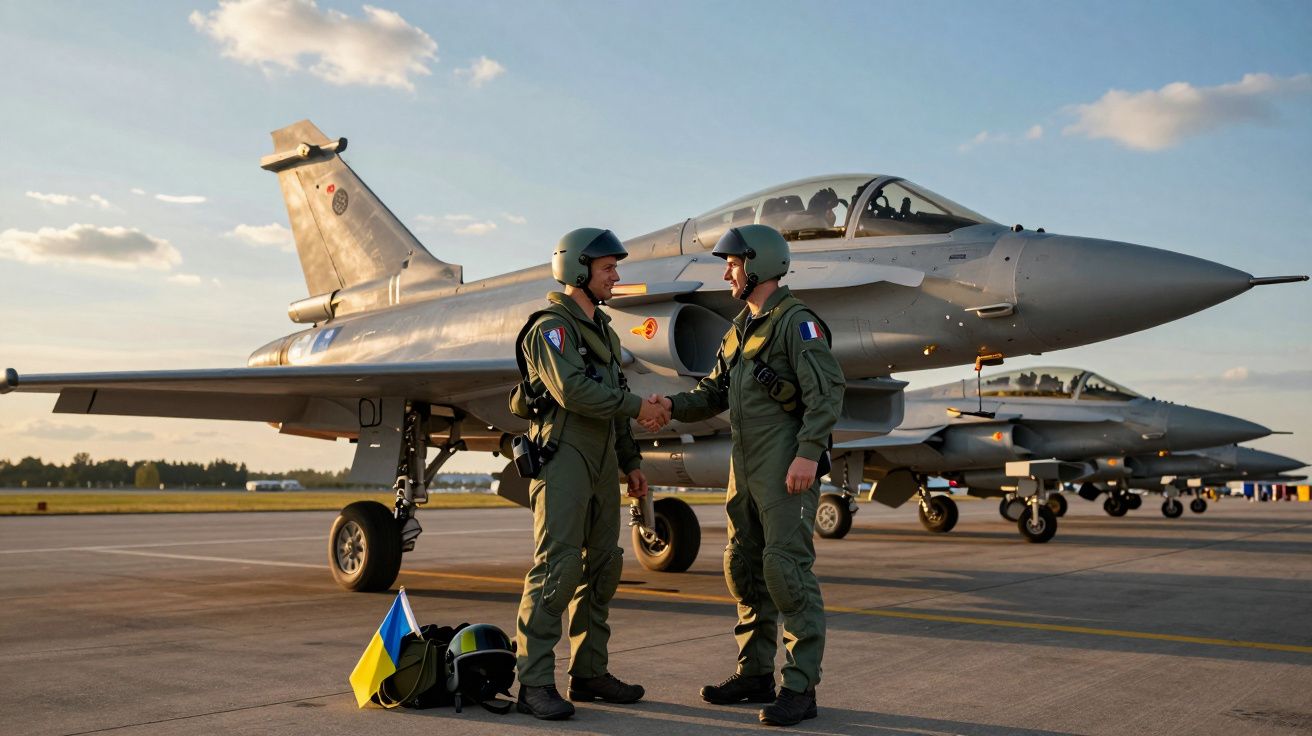 Dwóch pilotów w kombinezonach wojskowych ściska dłonie na pasie startowym obok myśliwców.
