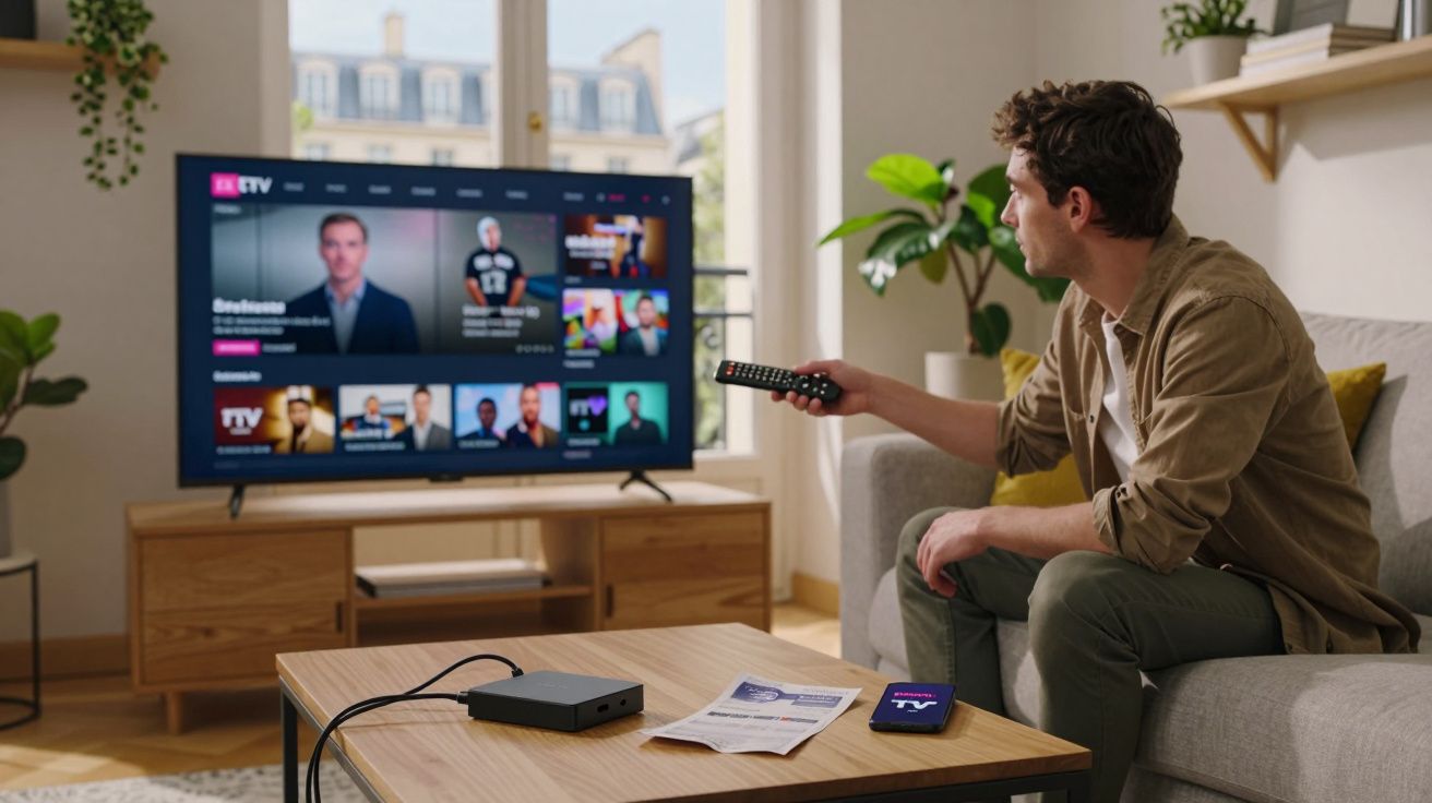 Mężczyzna ogląda telewizję na kanapie, trzyma pilot, przed nim stolik z dekoderem, gazetą i telefonem.
