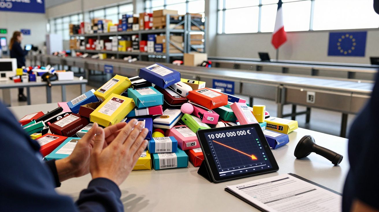 Stół z wieloma paczkami, ekran tabletu pokazujący wykres spadkowy, ręce złożone, tło magazynu.