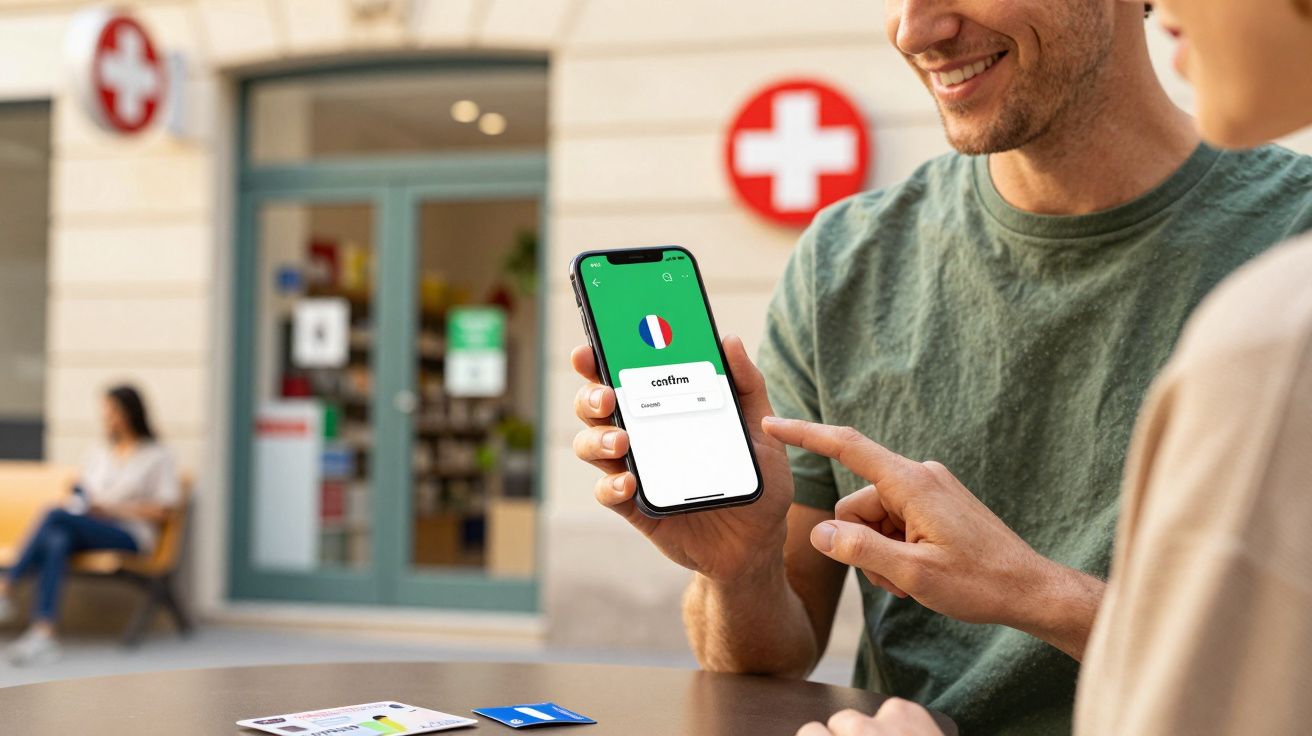 Mężczyzna pokazuje aplikację na telefonie z flagą Francji przed apteką z czerwonym krzyżem.