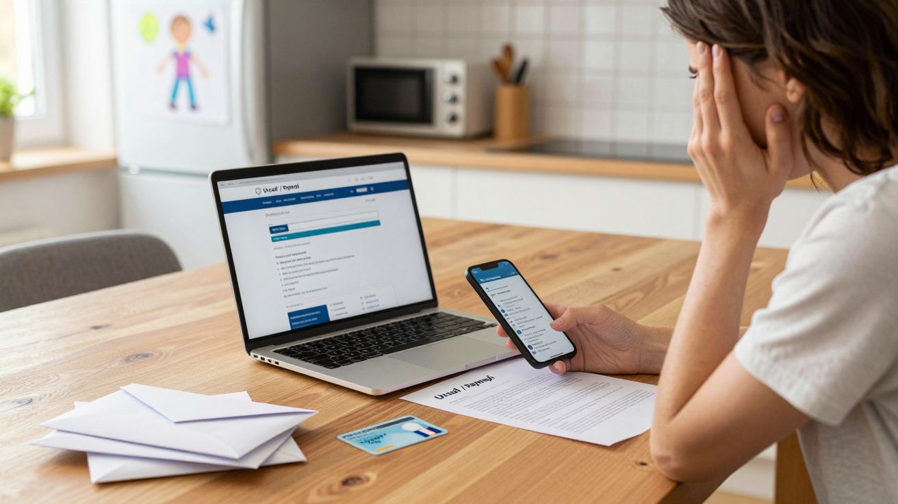 Osoba korzystająca z telefonu i laptopa przy stole, obok dokumenty i koperty.