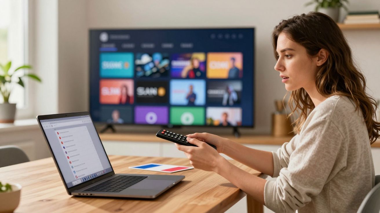 Kobieta siedzi przy stole z laptopem i pilotem, przed nią duży telewizor z ekranem smart TV.