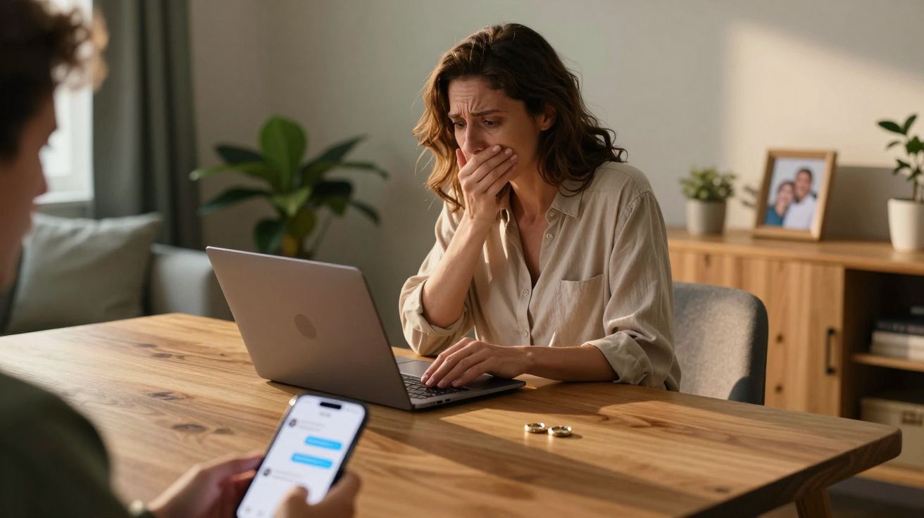 Zaniepokojona kobieta patrzy na laptopa, obok leżą dwie obrączki, przed nią siedzi mężczyzna z telefonem.
