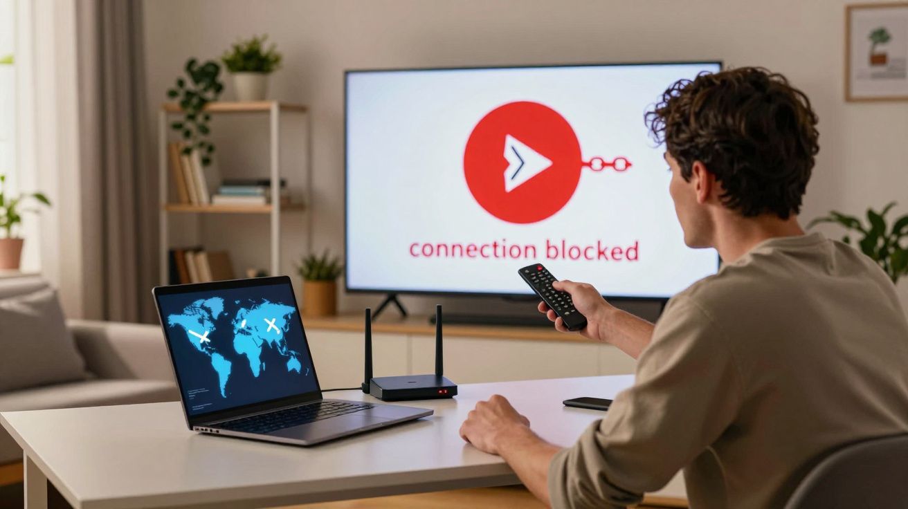Mężczyzna siedzi przed telewizorem z komunikatem "connection blocked", laptop i router na stole w domu.