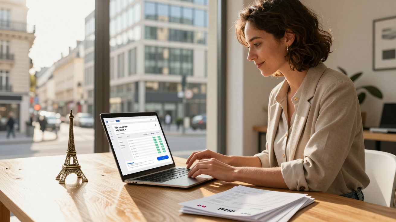 Kobieta pracująca na laptopie przy biurku z modelem Wieży Eiffla i dokumentami w biurze.