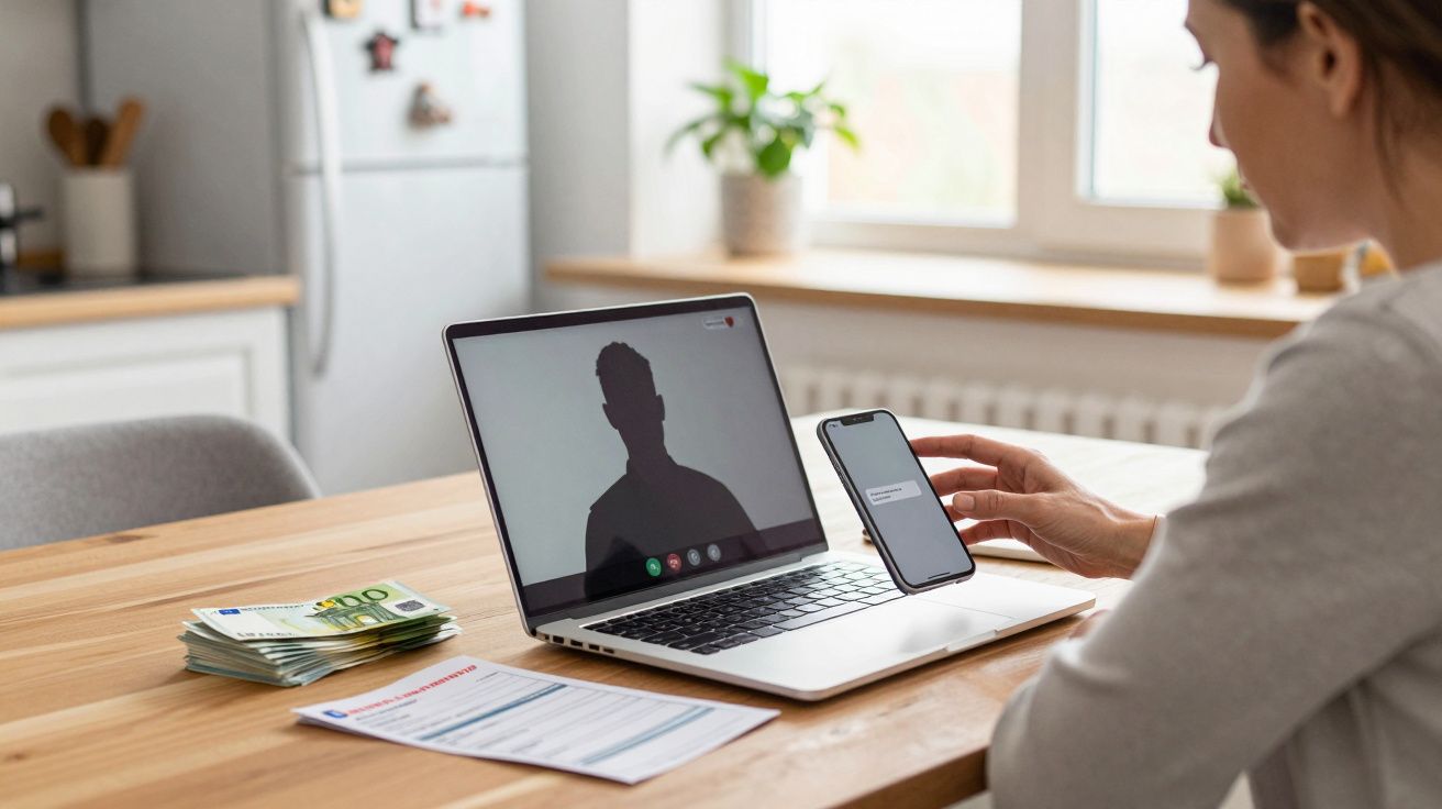 Kobieta siedzi przy stole, prowadzi wideorozmowę na laptopie i trzyma telefon z SMS-em, obok leżą banknoty i dokument.