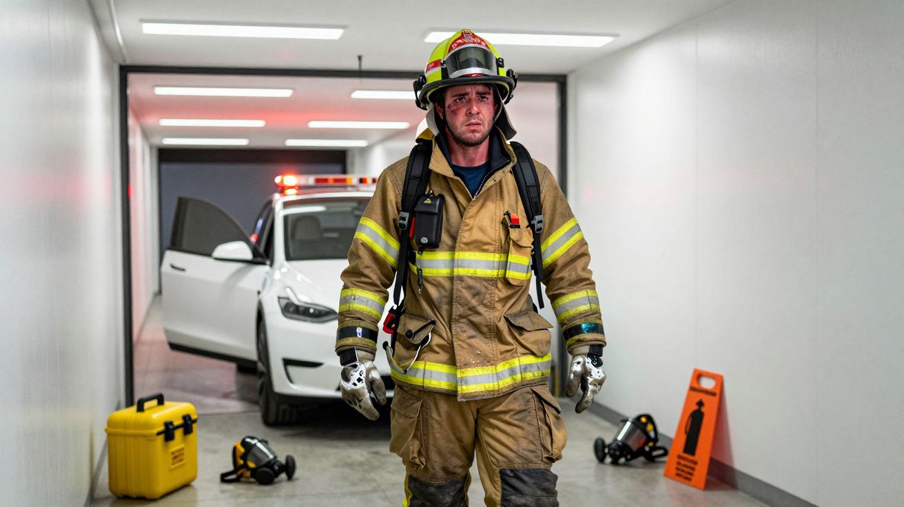 Strażak w kompletnym wyposażeniu ochronnym idzie korytarzem z pojazdem ratunkowym w tle.