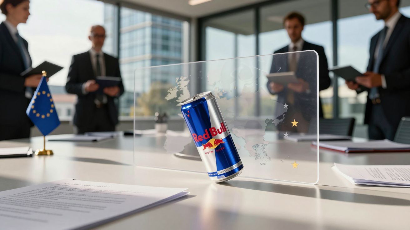 Puszka Red Bull na biurku w nowoczesnej sali konferencyjnej z ludźmi w tle.