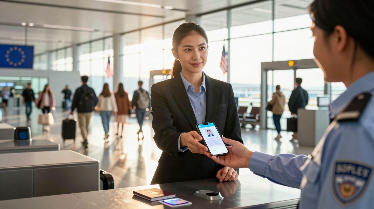 Kobieta pokazuje cyfrowy paszport strażnikowi granic w nowoczesnym terminalu lotniska.