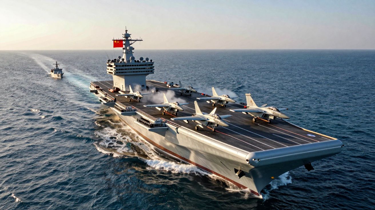 Lotniskowiec wojskowy z samolotami na pokładzie płynący po otwartym morzu.