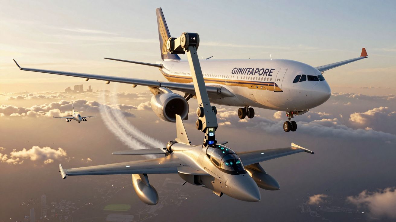 Dwa samoloty pasażerskie i myśliwiec na niebie o zachodzie słońca nad chmurami.