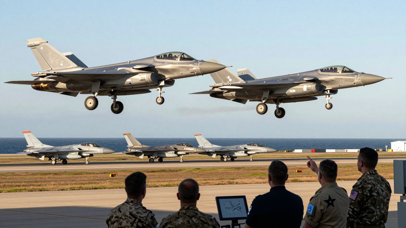 Cztery myśliwce na pasie startowym i dwa w powietrzu, obserwowane przez czterech wojskowych.