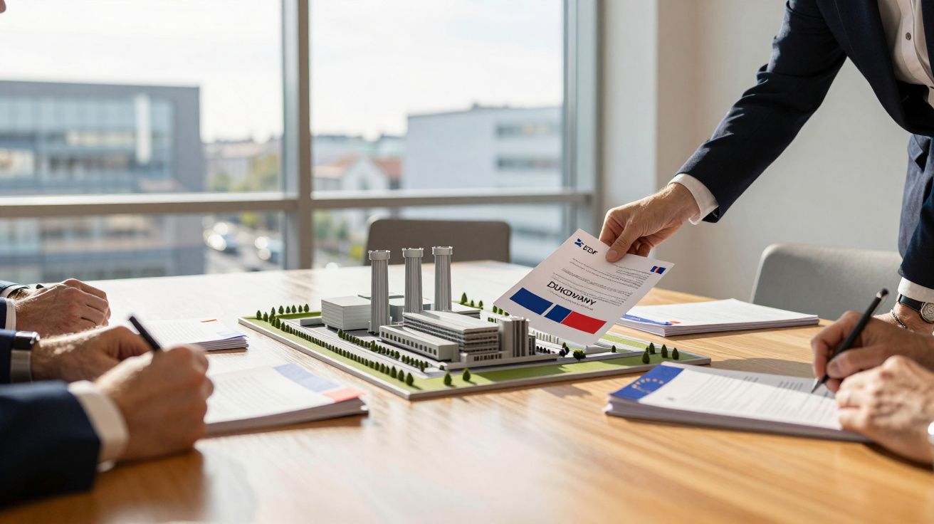 Model fabryki na stole podczas podpisywania umowy biznesowej w nowoczesnym biurze.