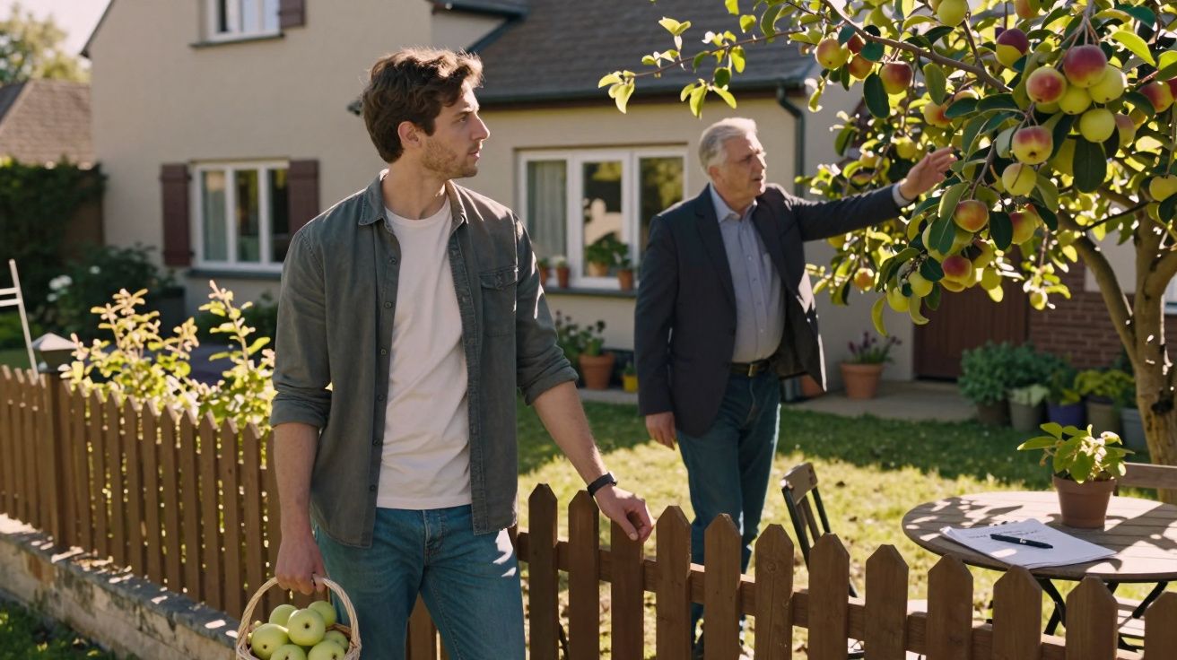 Młody i starszy mężczyzna zbierają jabłka w sadzie przy domu jednorodzinnym w słoneczny dzień.
