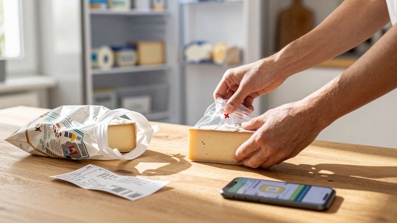 Dłoń odpakowująca ser na drewnianym stole, obok paragon i smartfon z otwartą aplikacją.