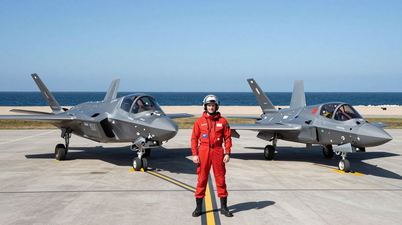 Pilot w czerwonym kombinezonie stoi między dwoma myśliwcami na lotnisku przy morzu.