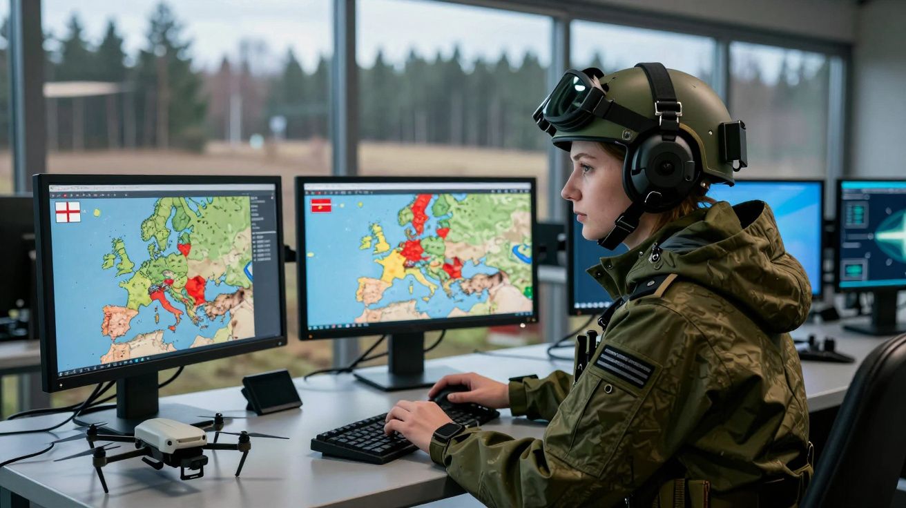 Kobieta w mundurze i hełmie analizująca mapy Europy na dwóch monitorach w nowoczesnym centrum dowodzenia.