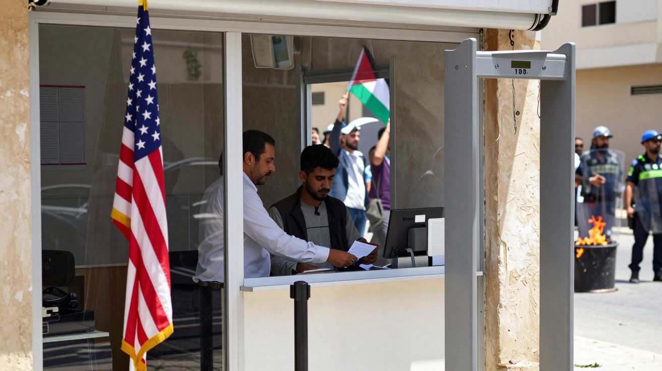 Dwóch mężczyzn przy stanowisku kontroli, obok flaga USA i przechodzący ludzie z flagą palestyńską.