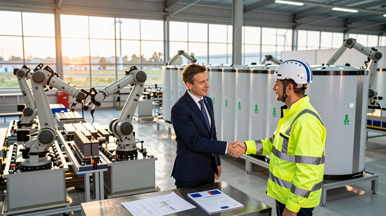 Dwóch mężczyzn, jeden w garniturze, drugi w kasku i kamizelce, uściskiem dłoni w nowoczesnej hali produkcyjnej.