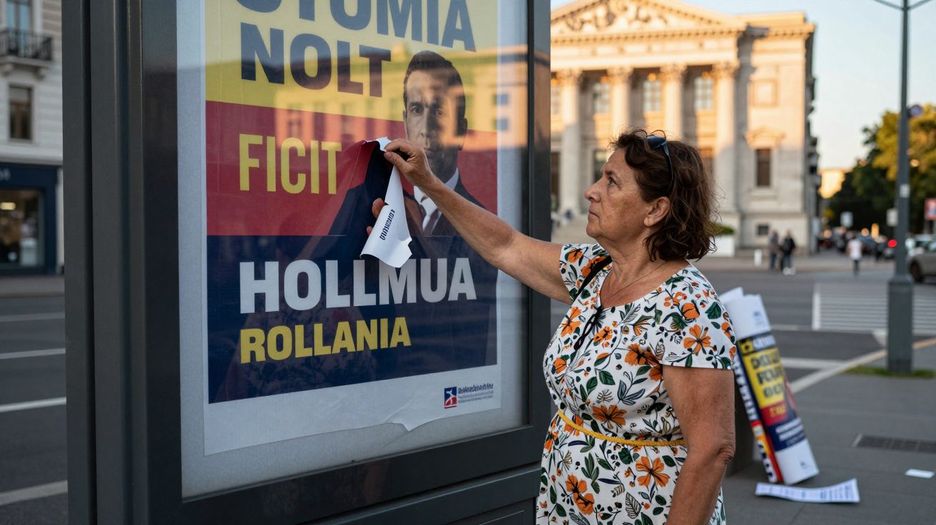 Kobieta zrywa plakaty wyborcze z przystanku miejskiego na ulicy w letni wieczór.