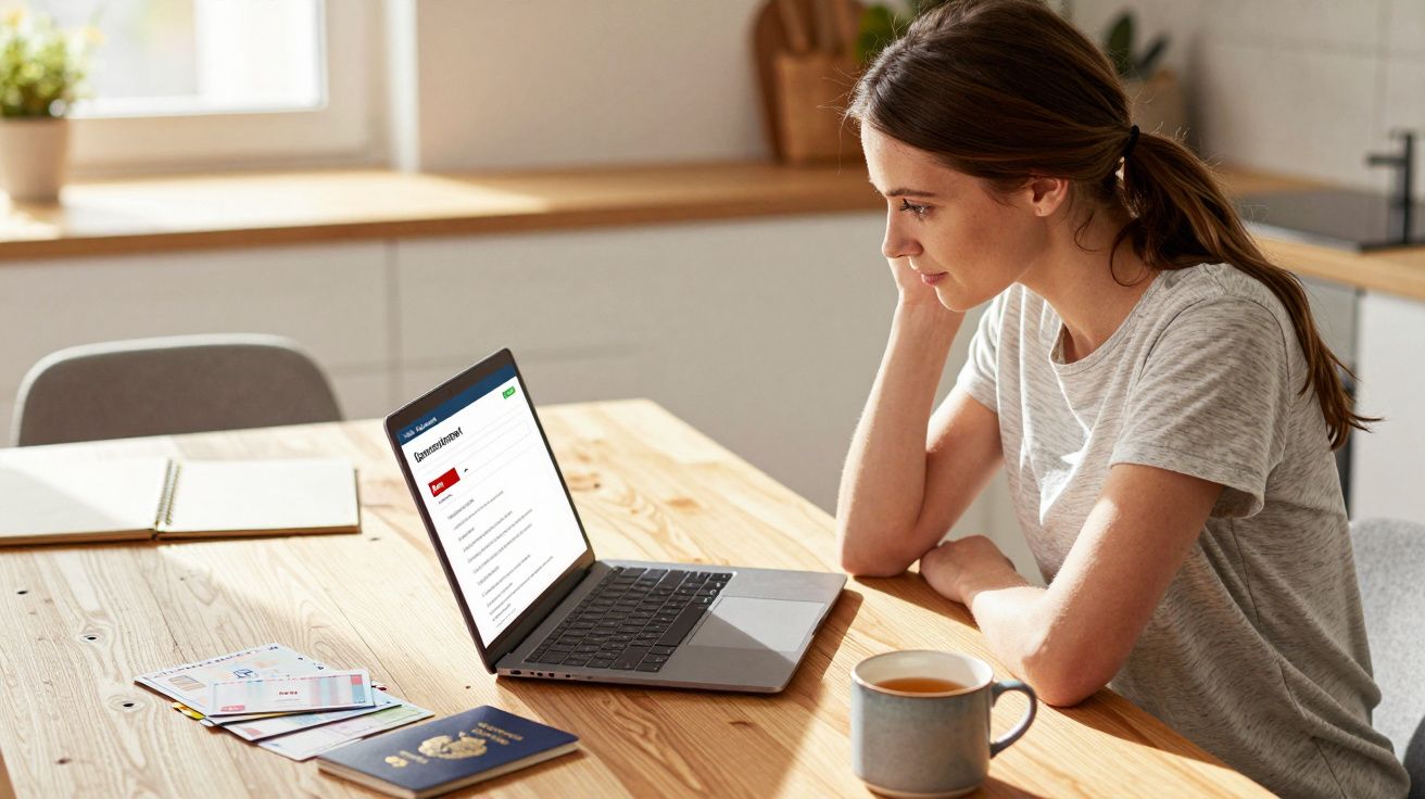 Kobieta siedzi przy stole, korzystając z laptopa, obok paszport, dokumenty i kubek herbaty.