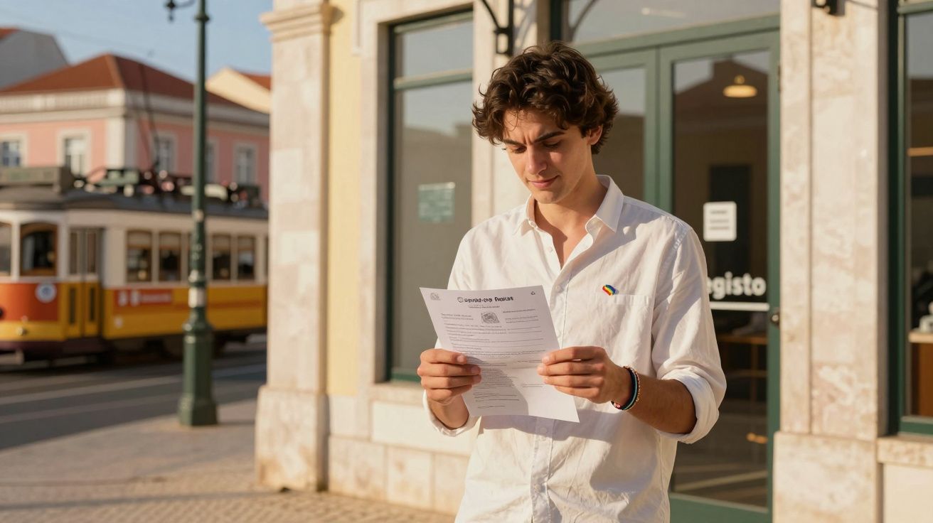Młody mężczyzna stoi na ulicy i czyta dokumenty w białej koszuli, w tle tramwaj i budynki.