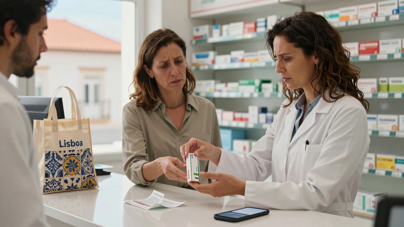 Farmaceutka doradza kobiecie przy ladzie aptecznej, pokazując opakowanie leku, klientka wygląda na zaniepokojoną.