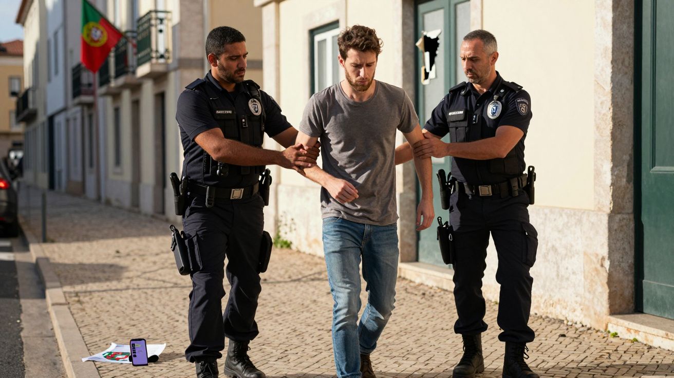 Dwóch policjantów prowadzi młodego mężczyznę na ulicy z kamienicami w tle.