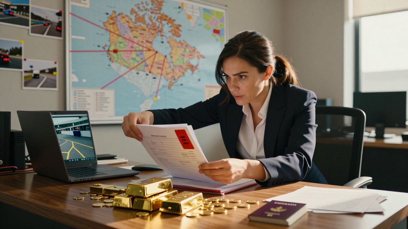 Kobieta analizująca dokumenty przy biurku z laptopem, sztabkami złota i mapą na ścianie.