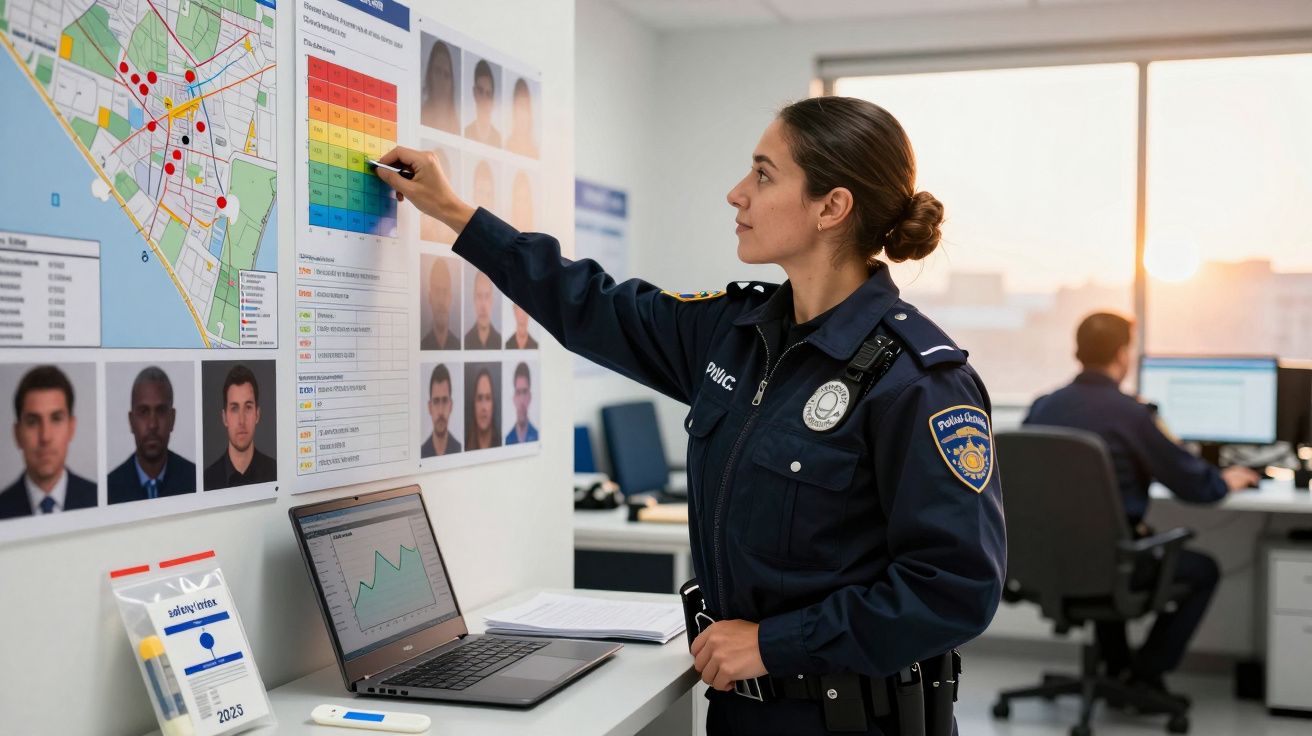 Policjantka analizująca dane na tablicy ściennej w biurze, w tle kolega przy komputerze o zachodzie słońca.