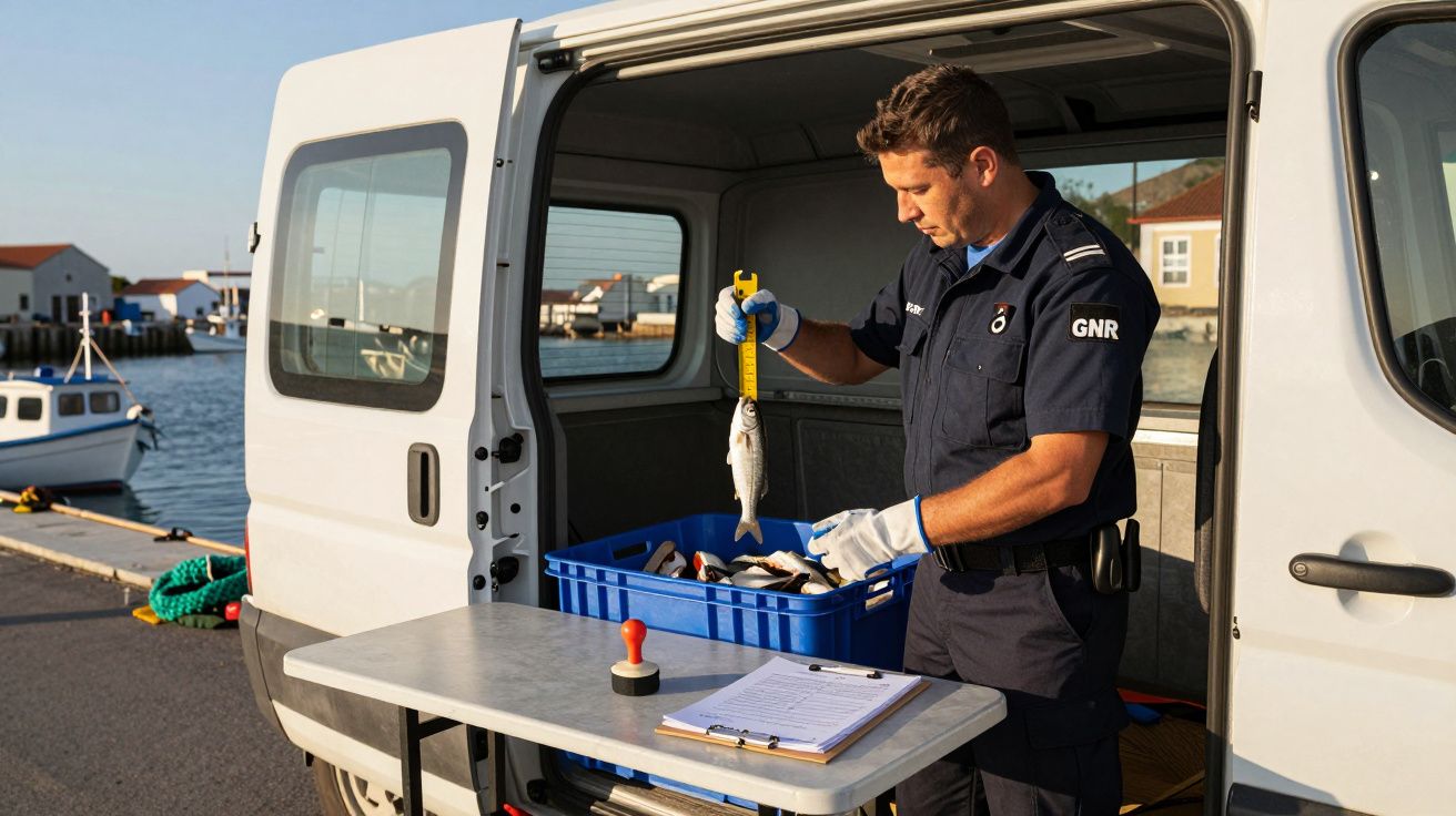 Funkcjonariusz GNR waży rybę na tle łodzi i białej furgonetki przy porcie rybackim.
