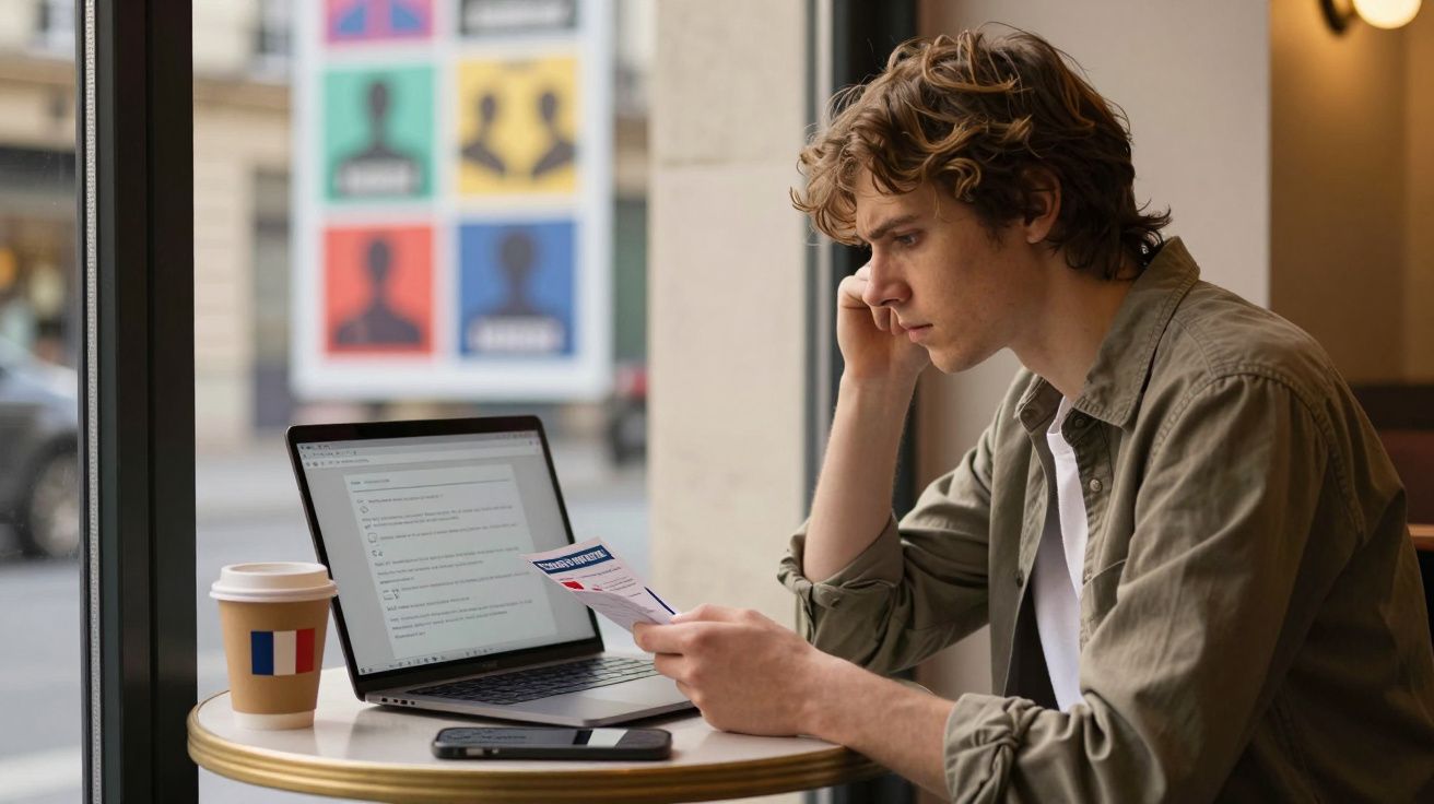 Mężczyzna siedzi przy stoliku z laptopem i dokumentem, przy kawie w kawiarni przy oknie.