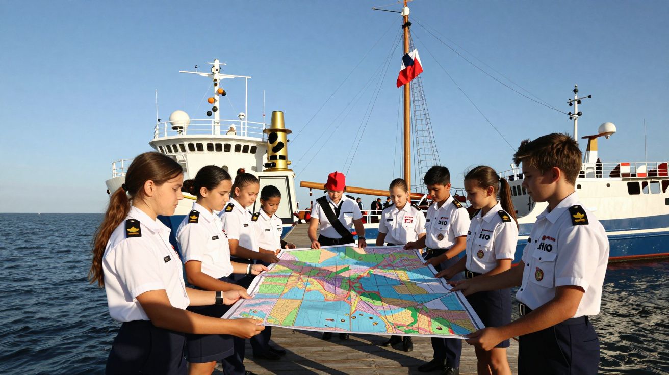 Grupa młodych kadetów w mundurach omawia mapę przy statku na nabrzeżu przy słonecznej pogodzie.