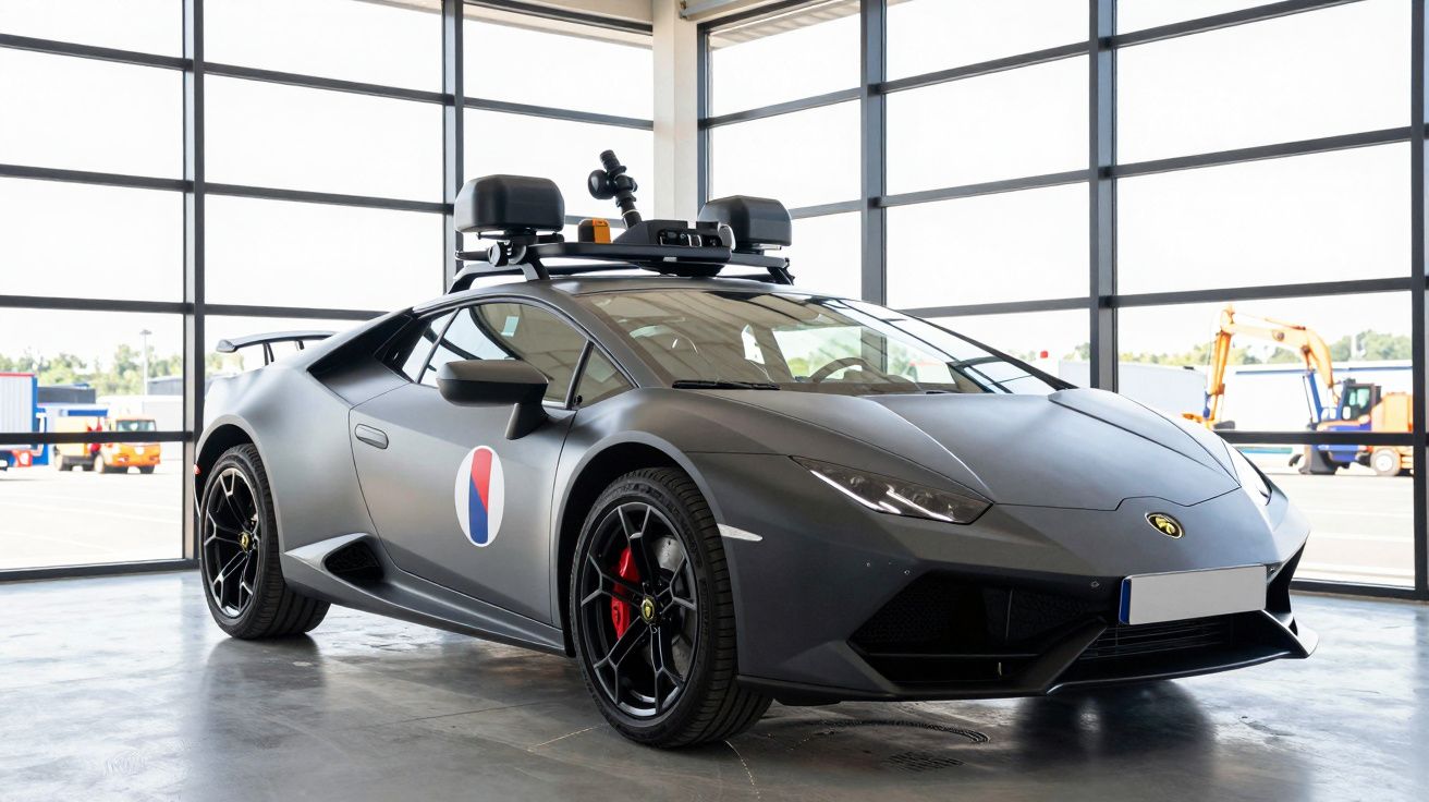 Matowy czarny Lamborghini z kamerami na dachu w nowoczesnym garażu z dużymi oknami.