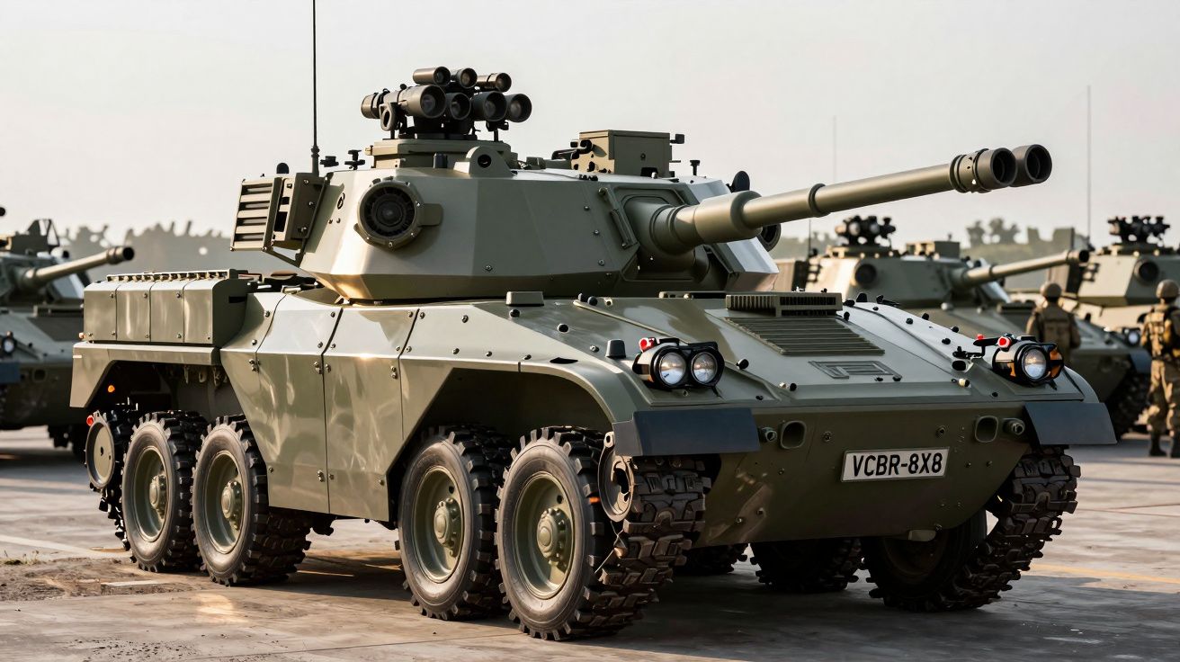 Wojskowy pojazd opancerzony na ośmiokołowym podwoziu z armatą i urządzeniami optycznymi.