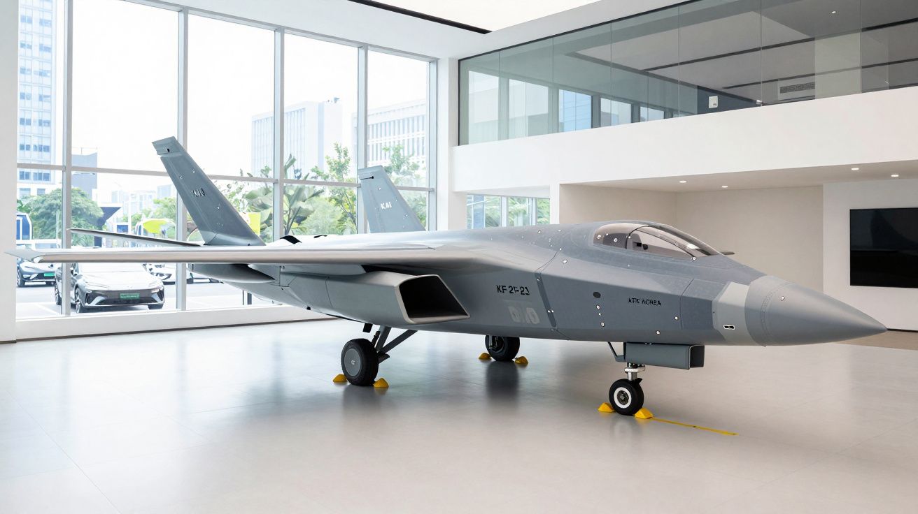 Nowoczesny, bezzałogowy samolot wojskowy stojący w jasnym pomieszczeniu wystawowym.