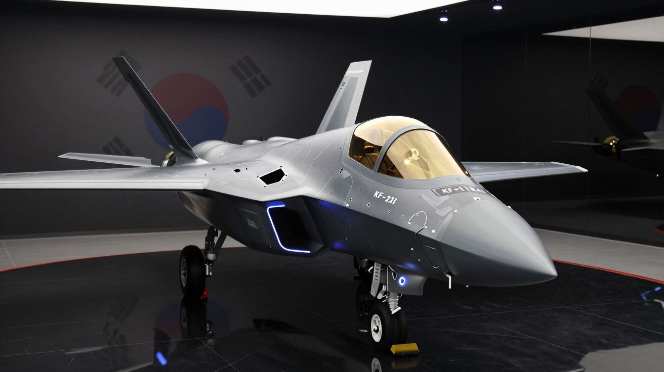 Szary myśliwiec KF-21 stojący na wystawie z odbiciem i flagą Korei Południowej w tle