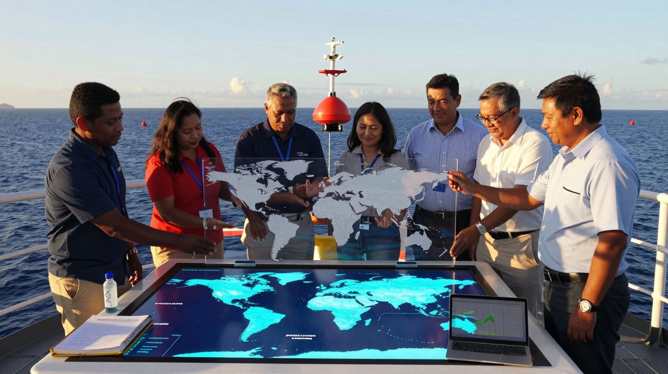 Grupa ludzi analizująca mapę świata na stole dotykowym na tle oceanu podczas słonecznego dnia.