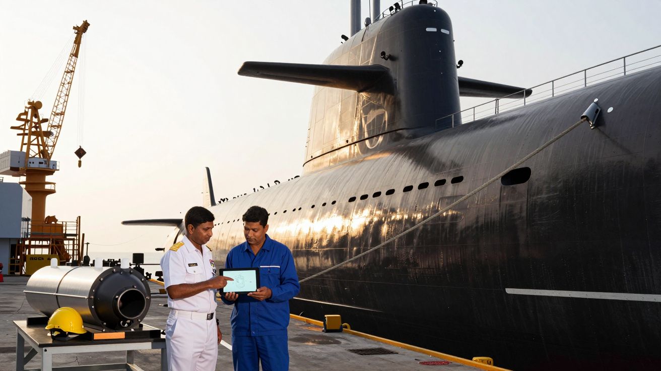 Dwóch mężczyzn w mundurach obok okrętu podwodnego na nabrzeżu, przeglądają dokumenty na tablecie.